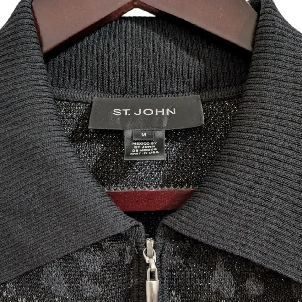 St. John Black Glitter Knit Zip Jacket Cardigan M - Abstract Print Wool Blend